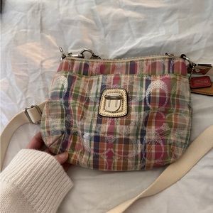 Never used -Coach Signature Poppy Madras Swing Pack Pink Plaid Can